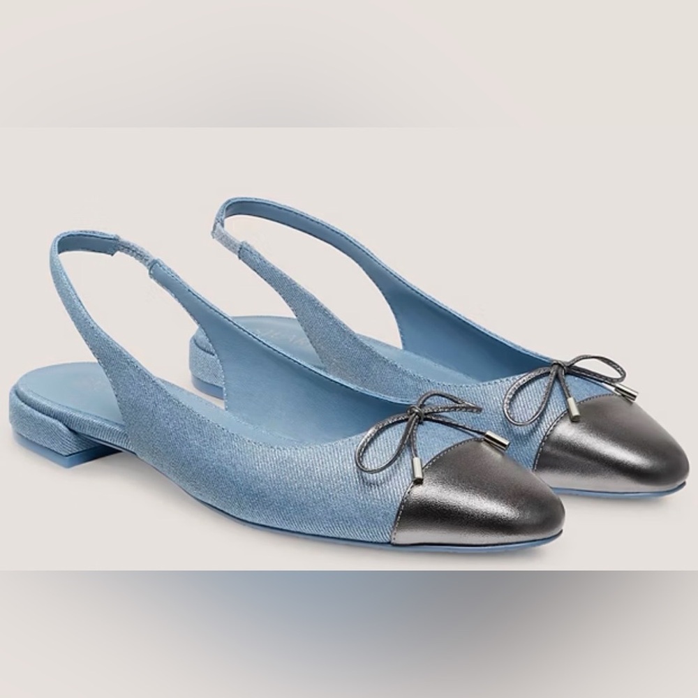 NWOT Stuart Weitzman Sleek Denim Bow Slingback Flat, Size 7.5